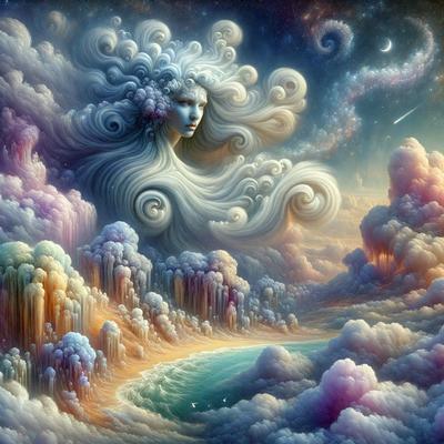The primary subject of the image is a woman with long, flowing hair, who appears to be a celestial being. She is surrounded by clouds and is situated in a surreal, dreamlike setting. The visual style of the image is digital art, with a vibrant and colorful atmosphere. The colors and mood of the image are lively and whimsical, creating a sense of wonder and fantasy.